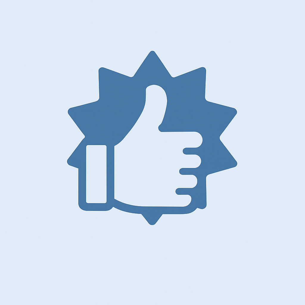 A blue icon of a thumbs-up hand gesture inside a starburst shape on a light blue background.