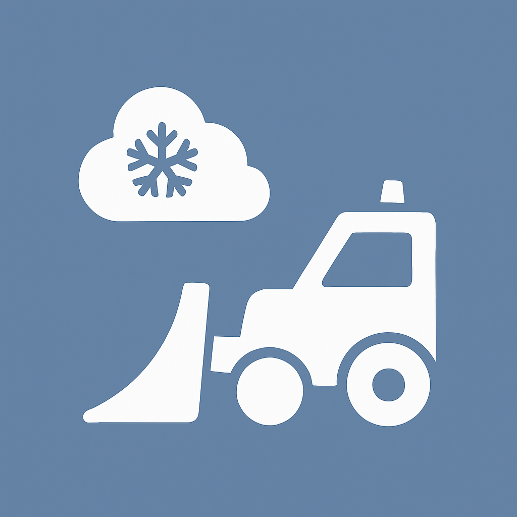 Icon of a snow plow clearing snow from a road with a snow cloud and snowflake symbol.