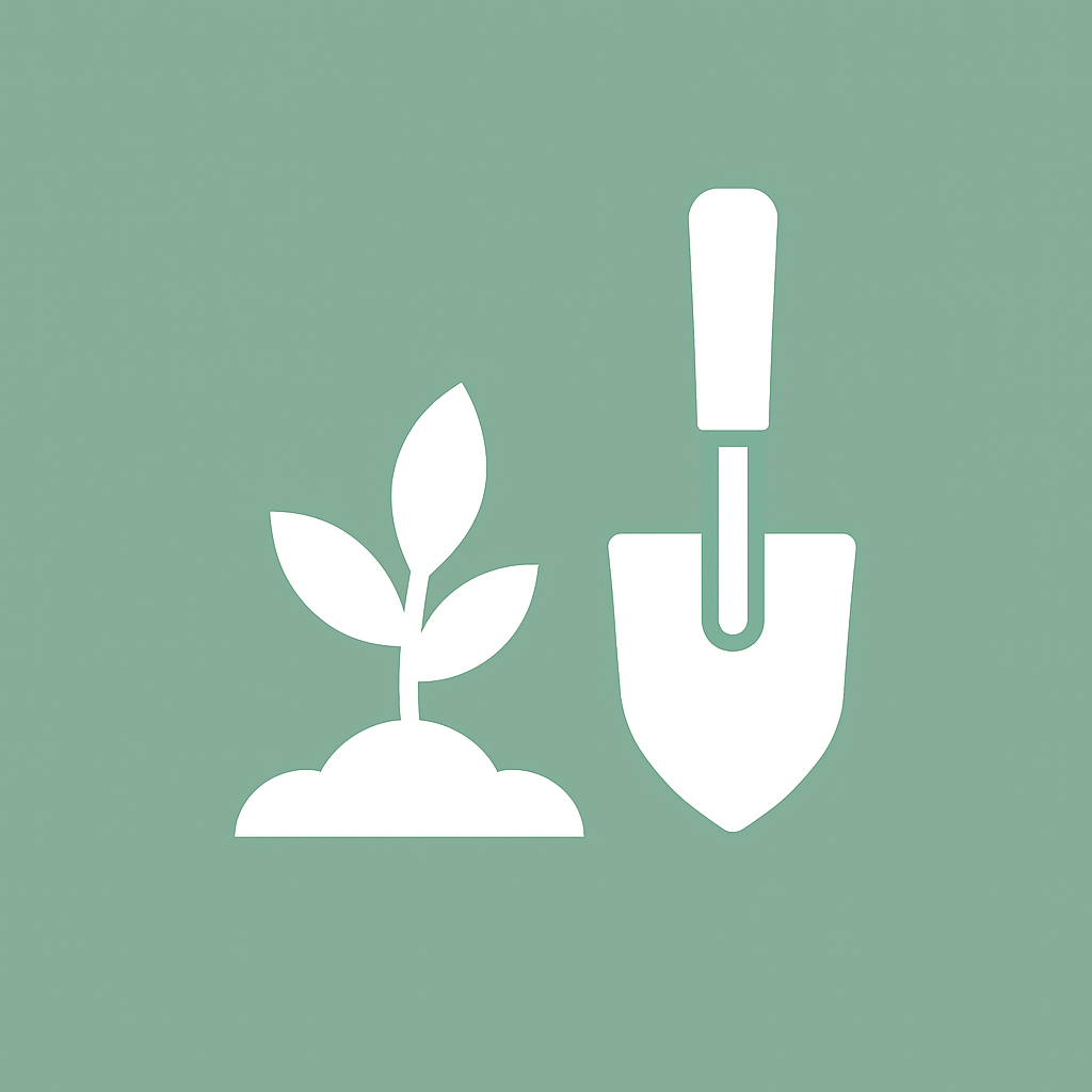 Icon of a plant with leaves and a gardening trowel.