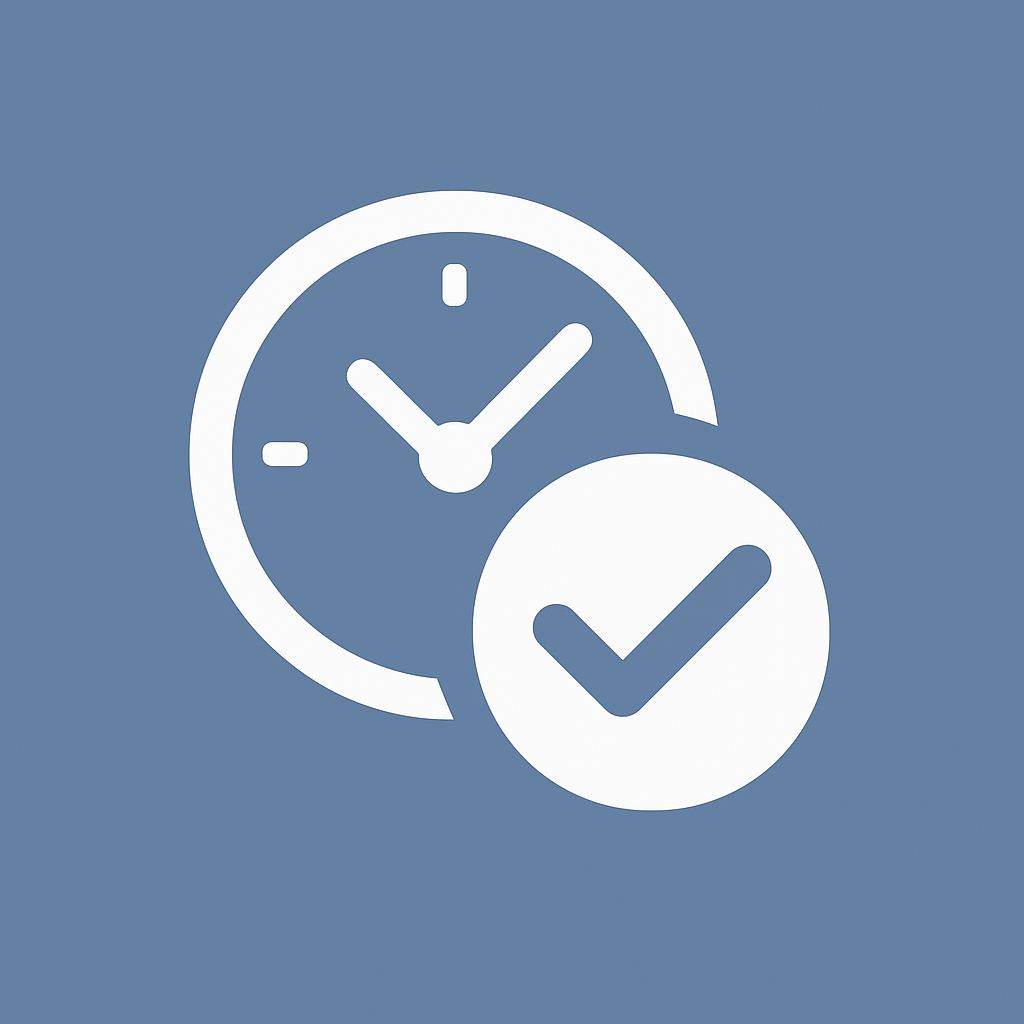 Icon of a clock with a checkmark in front of it, representing time management or scheduling.