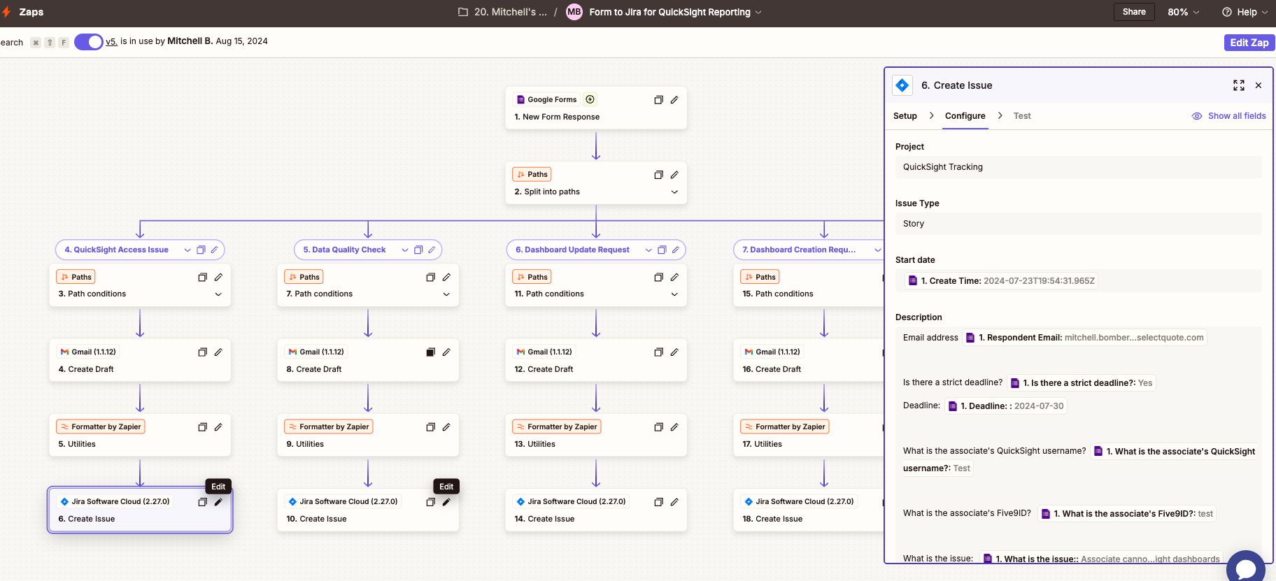 This screenshot shows a detailed view of the “Create Issue” step in a Zapier automation workflow that integrates Google Forms with Jira Software Cloud for handling QuickSight reporting requests.
Key Elements:
• Trigger: A new Google Form response i