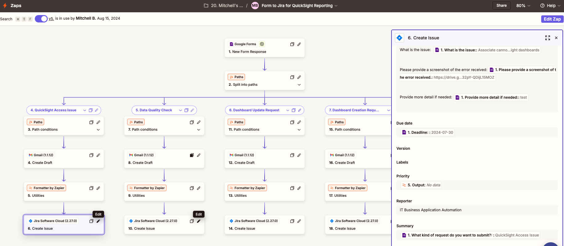 This screenshot captures the “Dashboard Update Request” section of a multi-path Zapier automation designed to convert Google Form submissions into Jira issues for QuickSight support requests.
What’s Happening:
• Trigger: A new response is submitted