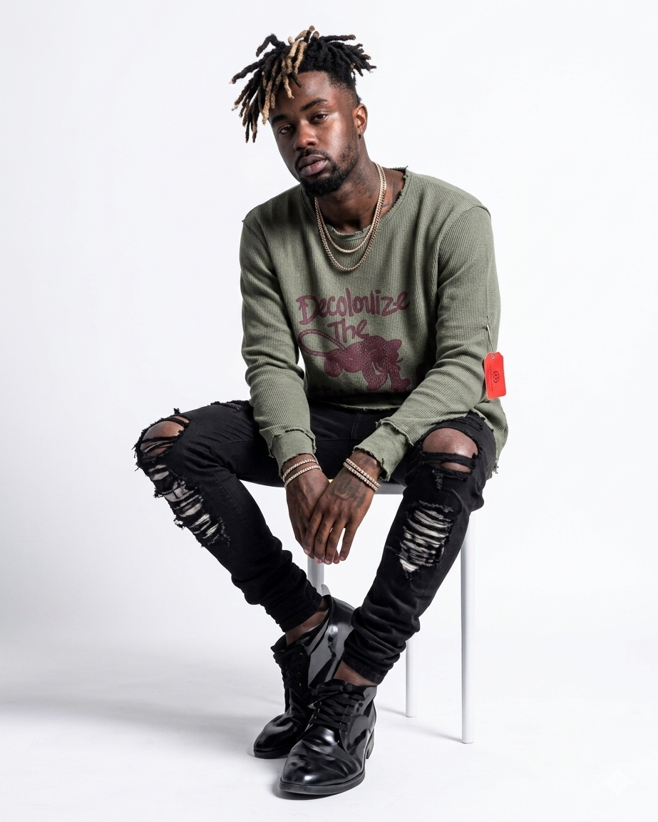 Distressed Thermal Waffle Knit Graphic Sweatshirt