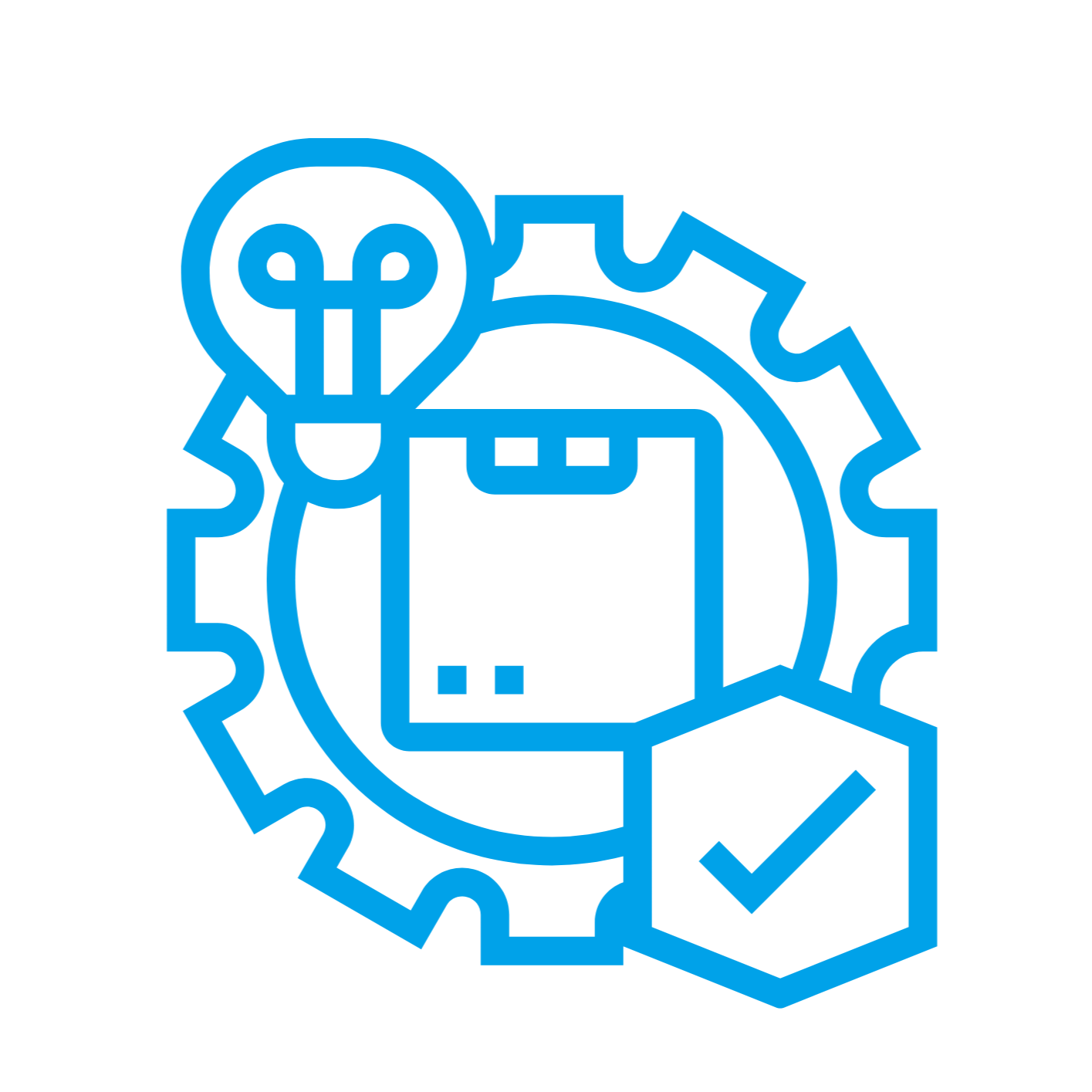 Line drawing of a person with a gear and a check mark, representing analysis or quality assurance.