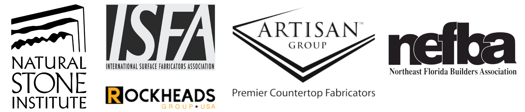 Logos of various trade associations and organizations related to countertop and surface fabrication.