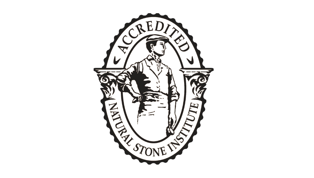 Seal with the words 'Accredited' and 'Natural Stone Institute,' featuring a figure of a man holding a trowel in an oval background.