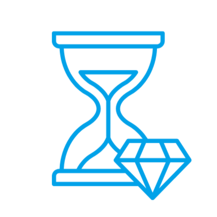 Blue outline of an hourglass with a diamond shape in front of it
