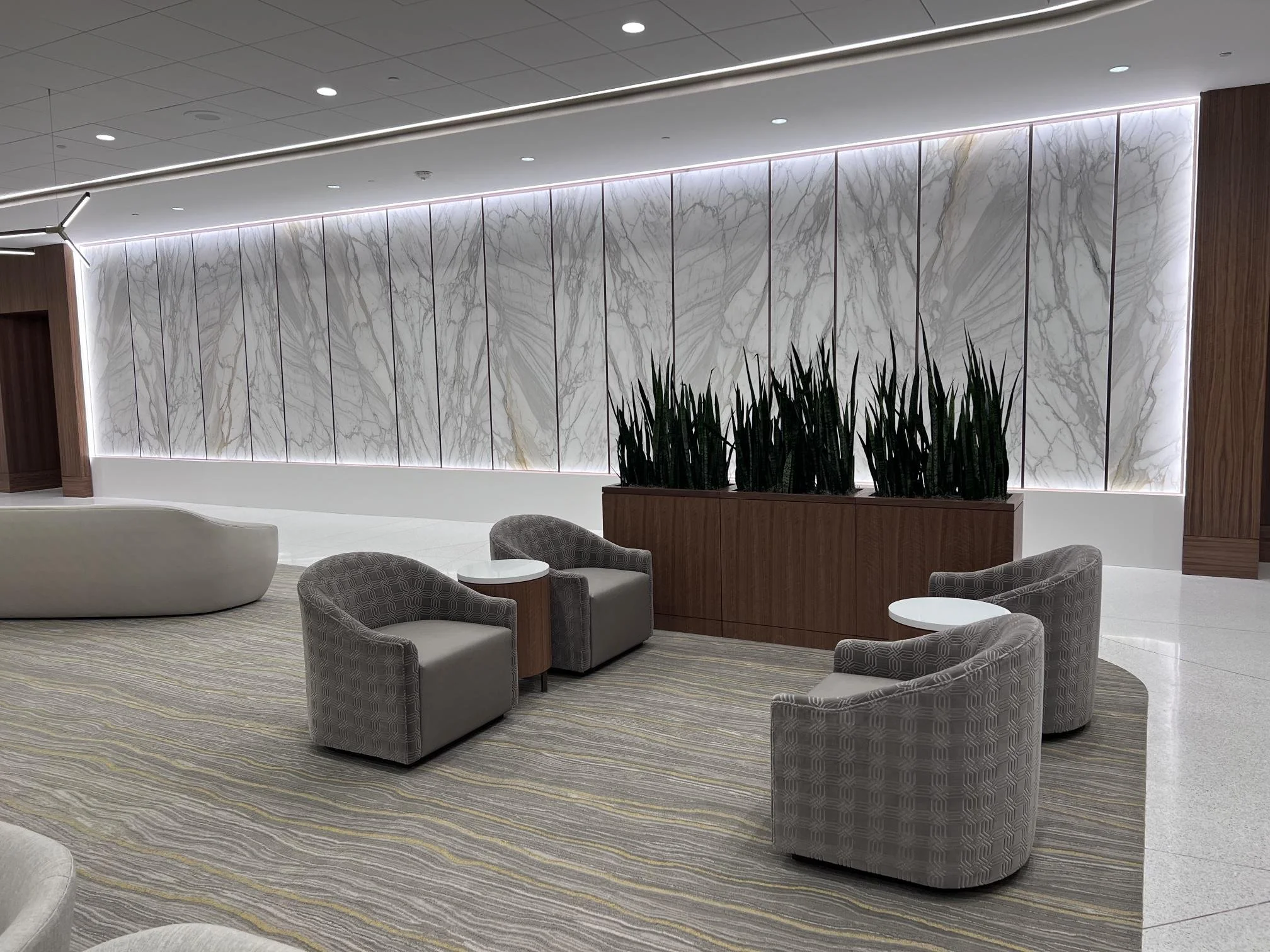 Modern indoor lounge area with patterned chairs, a large abstract-patterned marble wall, indoor plants, and ceiling lights.