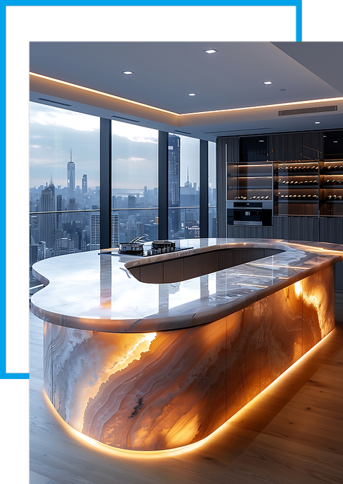 Modern kitchen with a curved marble island, illuminated by warm LED lighting, overlooking a city skyline through large floor-to-ceiling windows.