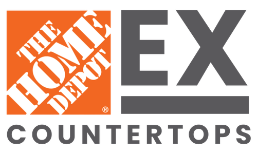 Logo of The Home Depot Countertops featuring the Home Depot orange square with white diagonally slanted text and large gray letters 'EX' beside it.