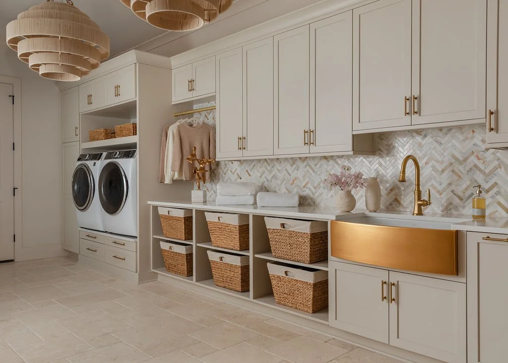 Modern laundry room with white cabinets, gold hardware, and a farmhouse sink with a gold front. Woven baskets on open shelves and above the washer and dryer. Light fixtures with layered circular shades.