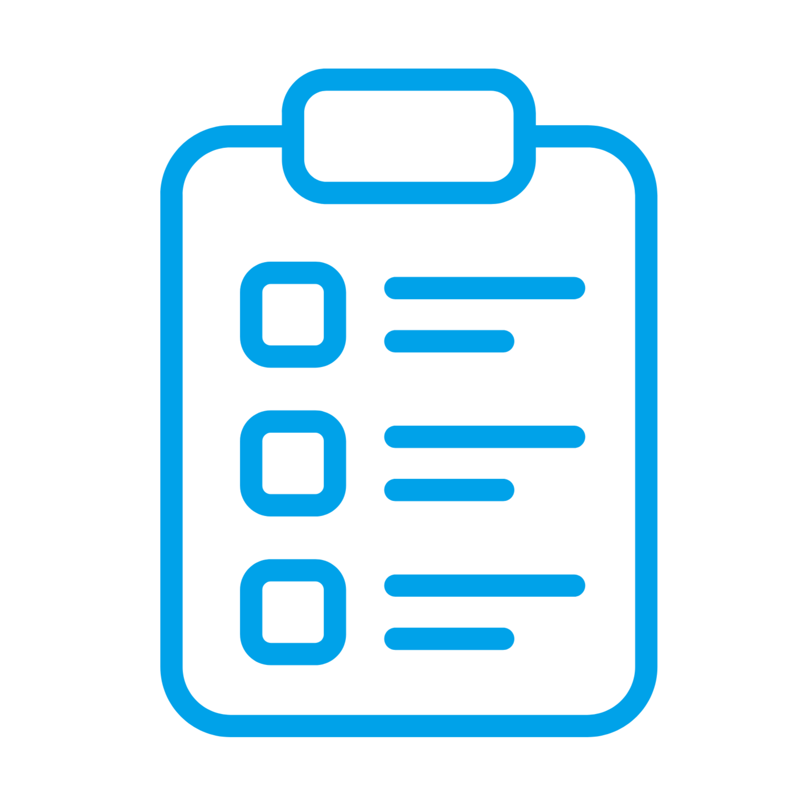 Icon of a paper document with a header at the top, three bullet points in the center, and a footer at the bottom, all outlined in blue.