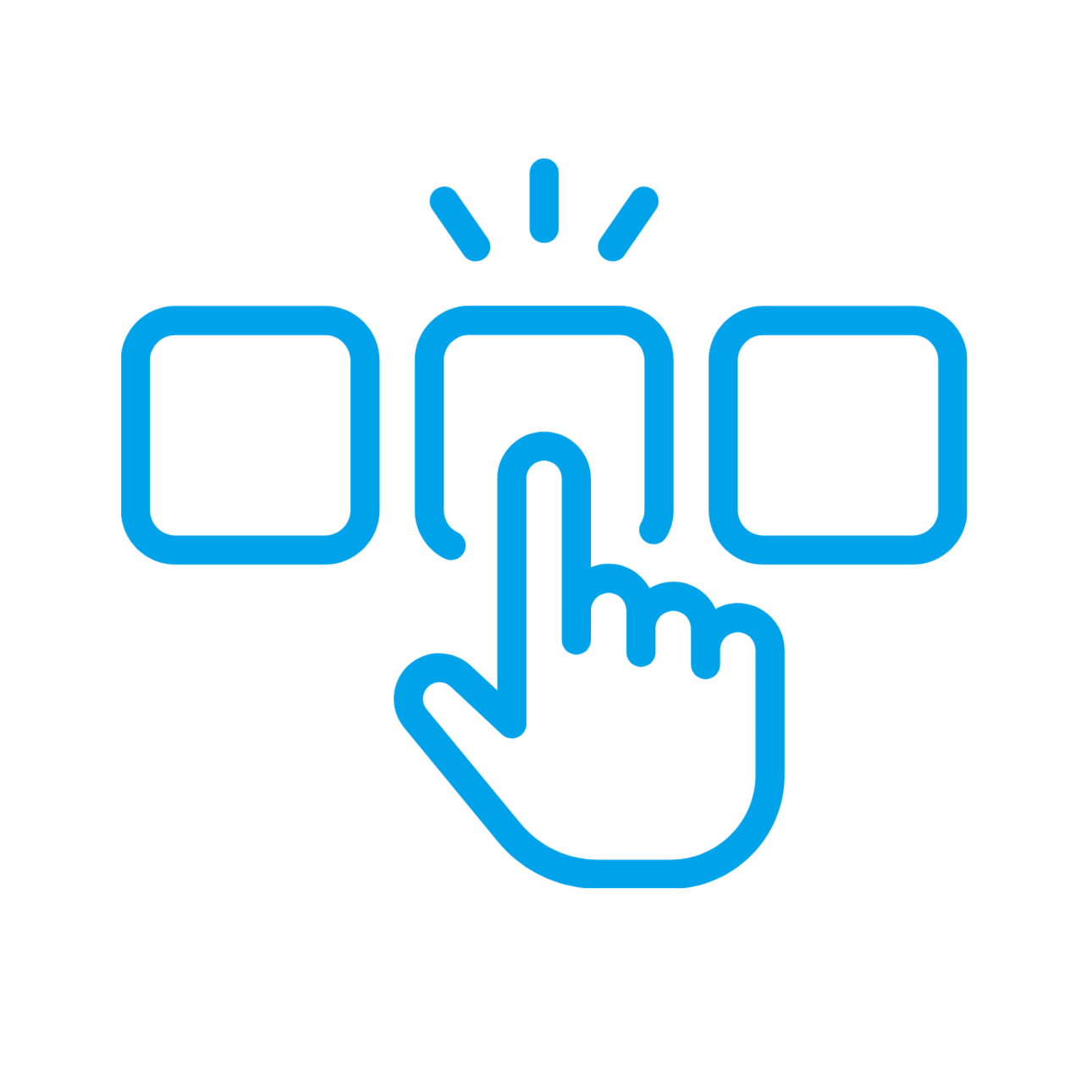 A blue icon of a hand touching a button, with two additional buttons and a light indicating an action.