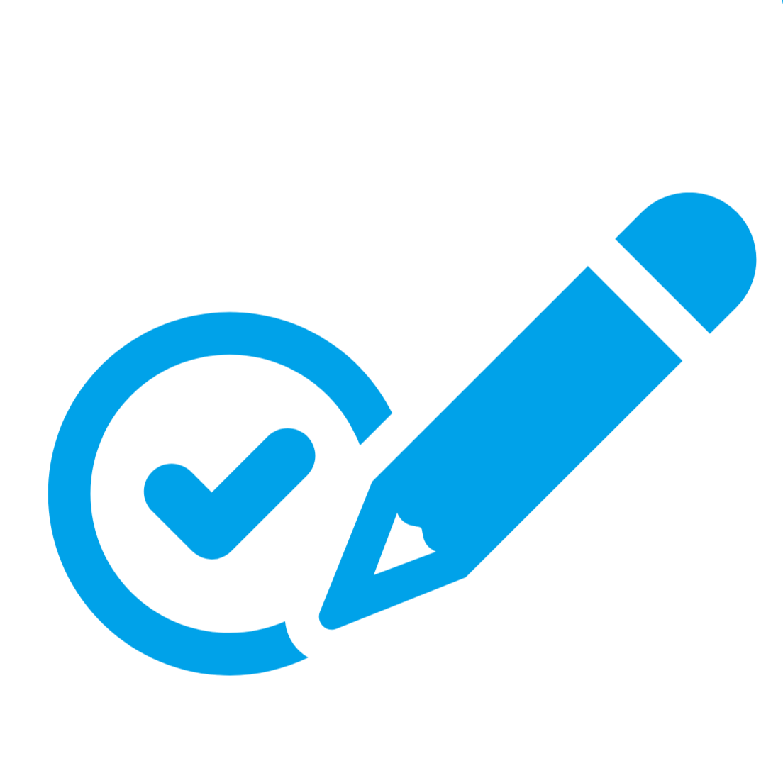 Blue icon of a check mark inside a circle with a pen, symbolizing completion or approval.