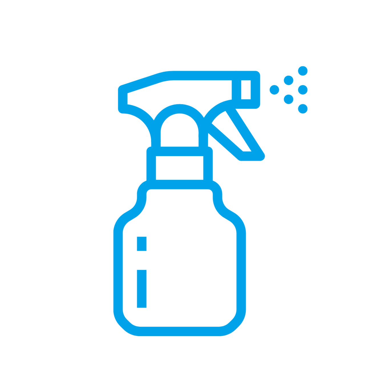 Blue outline illustration of a spray bottle with a spray nozzle, emitting spray particles.
