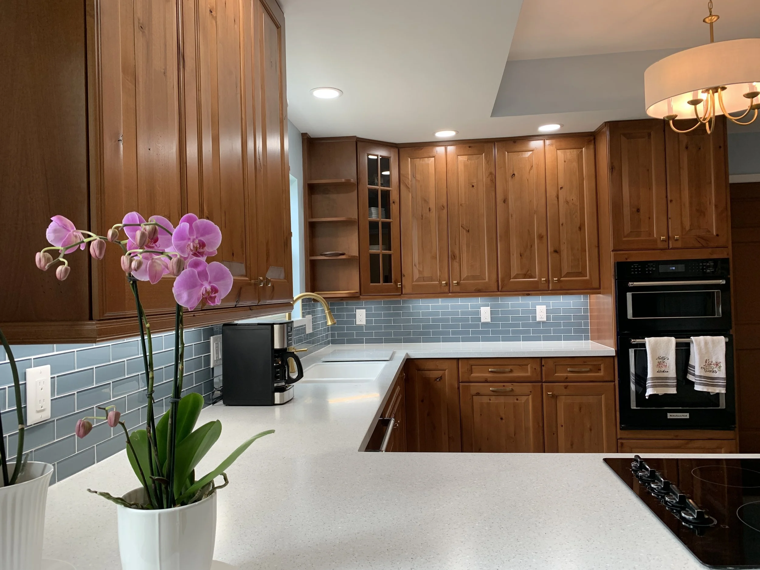 A kitchen with wooden cabinets, a white countertop, a potted pink orchid, and a stainless steel oven.
