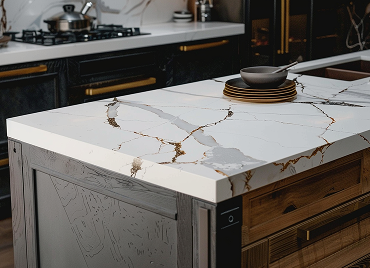 Close-up of a kitchen island with a white marble countertop featuring gold veining, with a black bowl and gold-rimmed plates stacked on top.