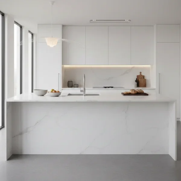 Modern white kitchen with marble island, minimal cabinetry, and natural lighting.