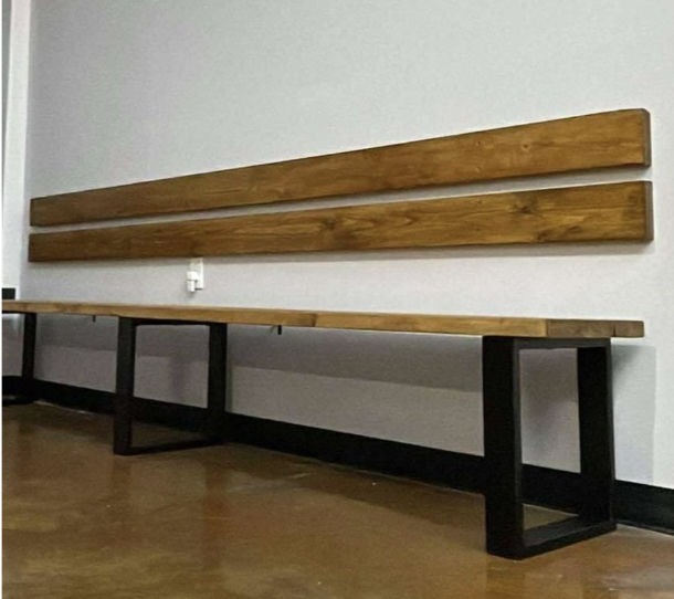 Custom steel and wood bench with welded metal frame fabricated by JH Tig Works LLC in North Texas