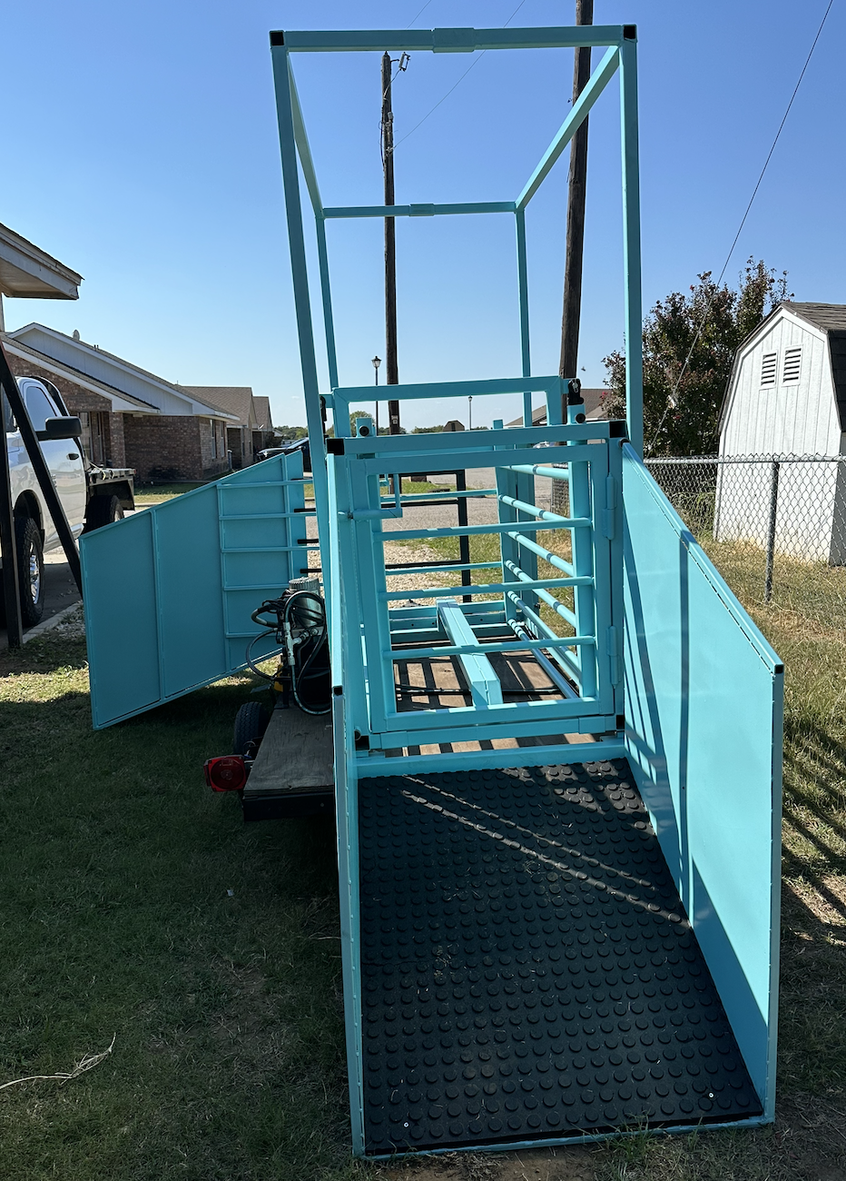 Side view of custom hydraulic livestock chute showing steel frame, loading ramp, and access panels.
