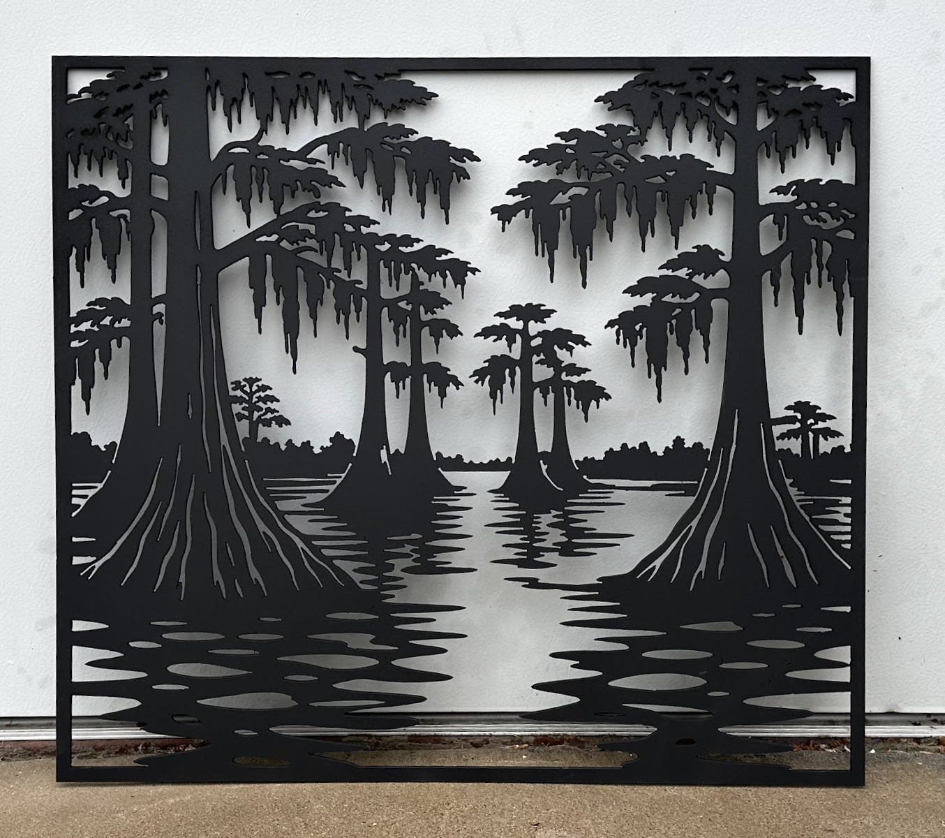Custom CNC plasma cut steel cypress tree wall art fabricated by JH Tig Works.