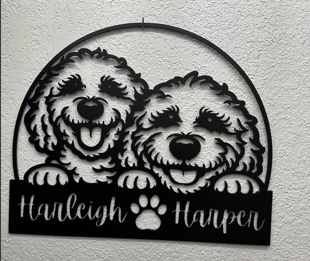Custom CNC plasma cut dog name sign featuring two dog portraits and personalized names, fabricated by JH Tig Works LLC in Collinsville, Texas.