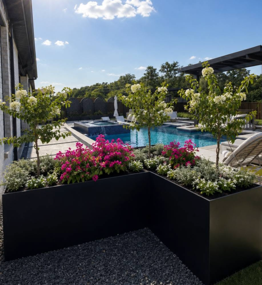 Custom black steel garden planters with flowering plants installed beside a swimming pool.