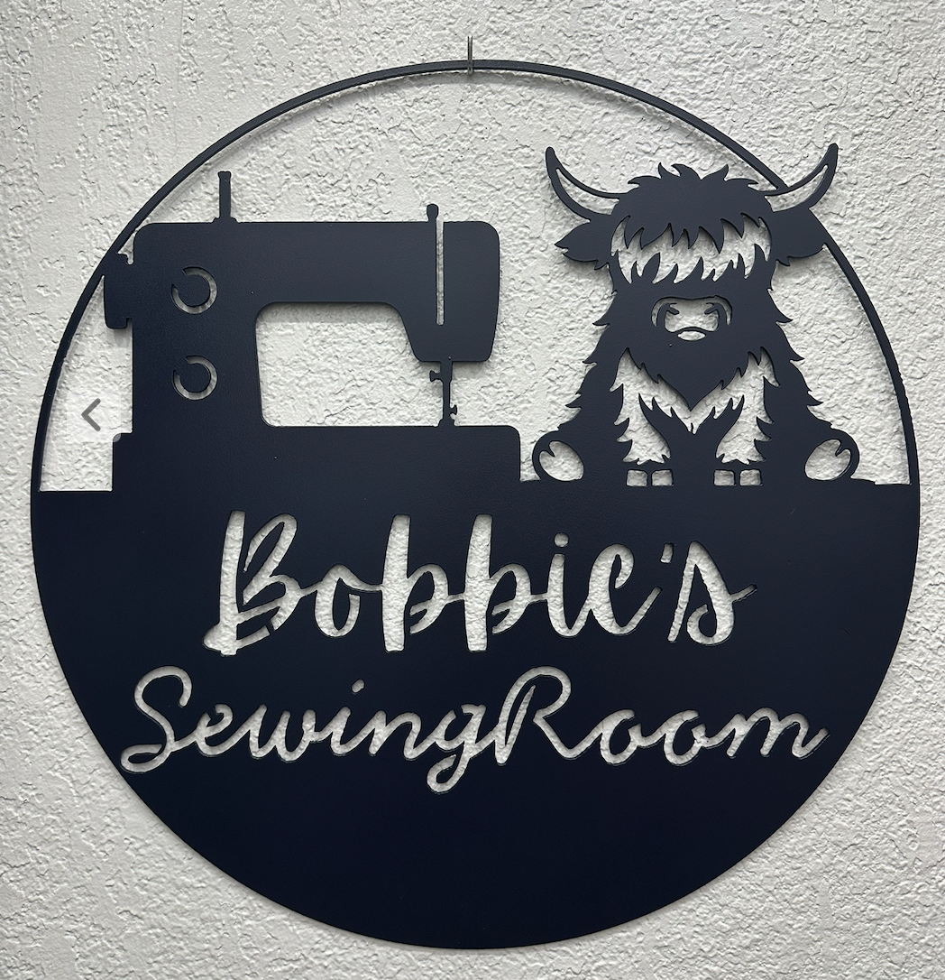 Custom Highland cow sewing room metal sign with sewing machine and personalized name, CNC plasma cut by JH Tig Works LLC.