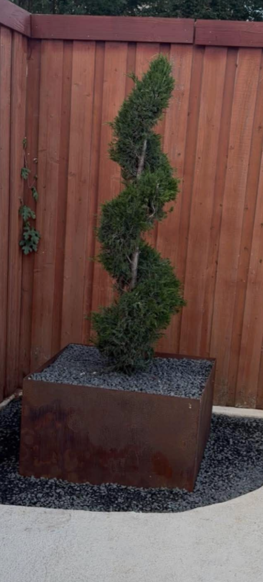Custom square Corten steel planter with tree for residential landscaping in North Texas