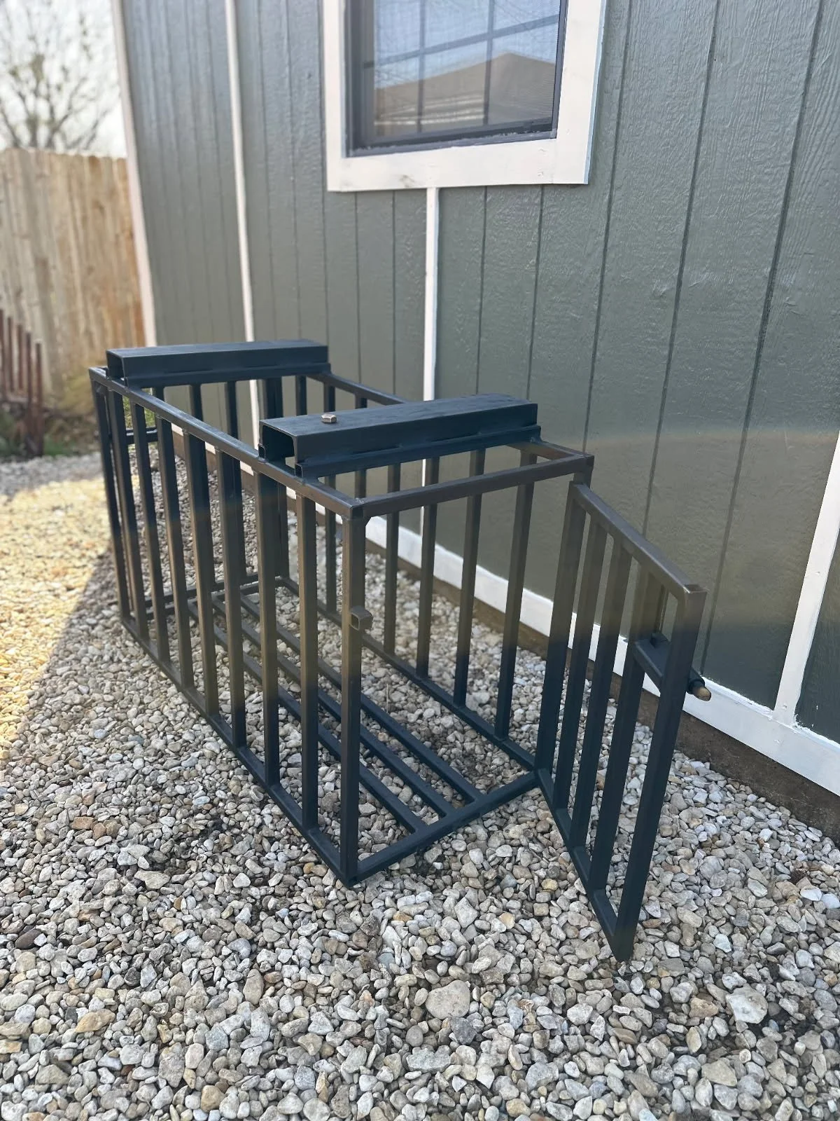 Rear view of custom fabricated pig chute designed for safe animal handling.