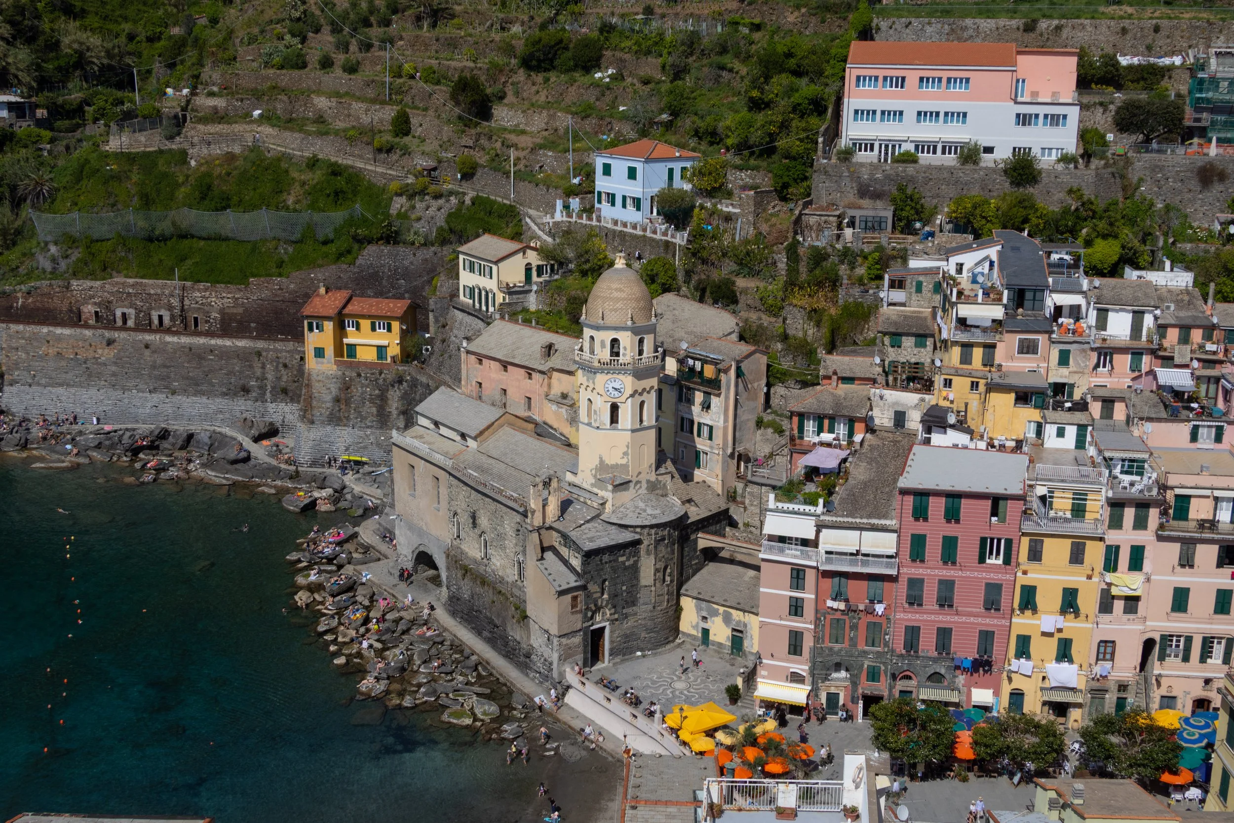 Cinque Terre, Italy | An elevated view overlooking the colorful village and coastline. 