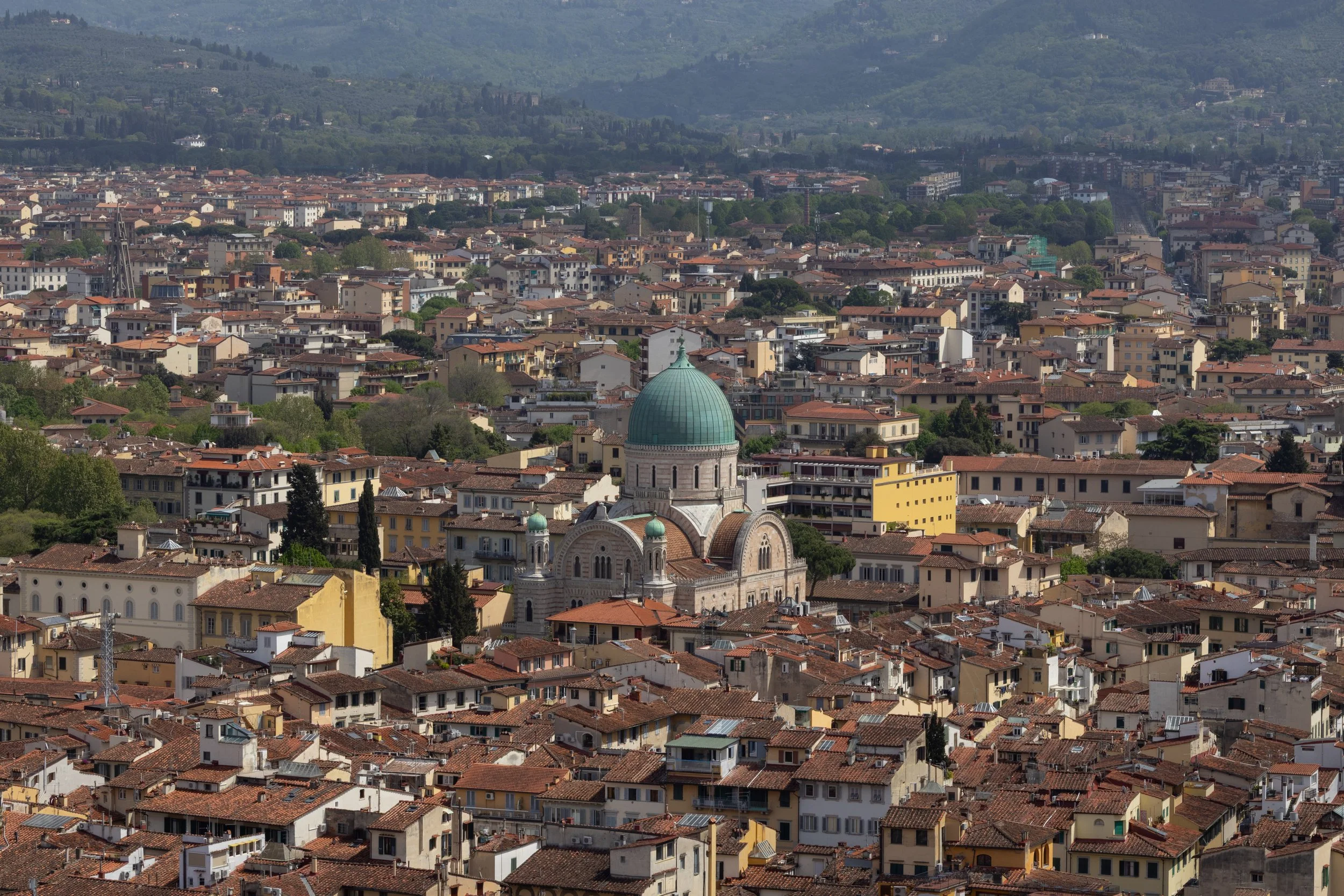 Florence, Italy | Elevated view featuring the Great Synagogue of Florence. 
