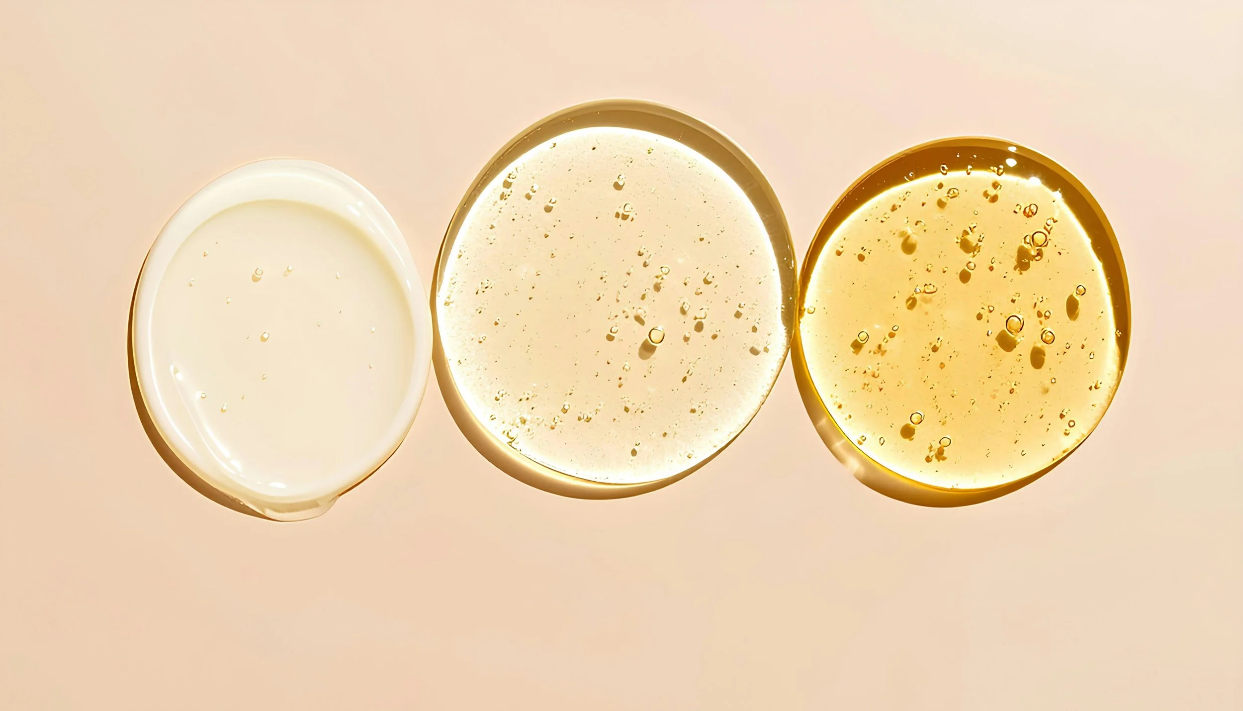 Three circular glasses filled with different types of beverages, arranged in a row on a light surface.