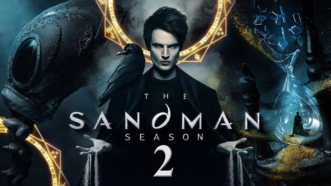 Promotional poster for The Sandman, Season 2, featuring a woman with short dark hair holding a crow on her shoulder, set against a dark fantasy background with mystical elements and glowing symbols.