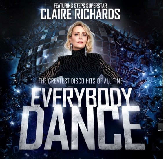 Book cover featuring Claire Richards, promoting her disco hits album titled "Everybody Dance" with a background of a sparkling disco ball and blue lights.