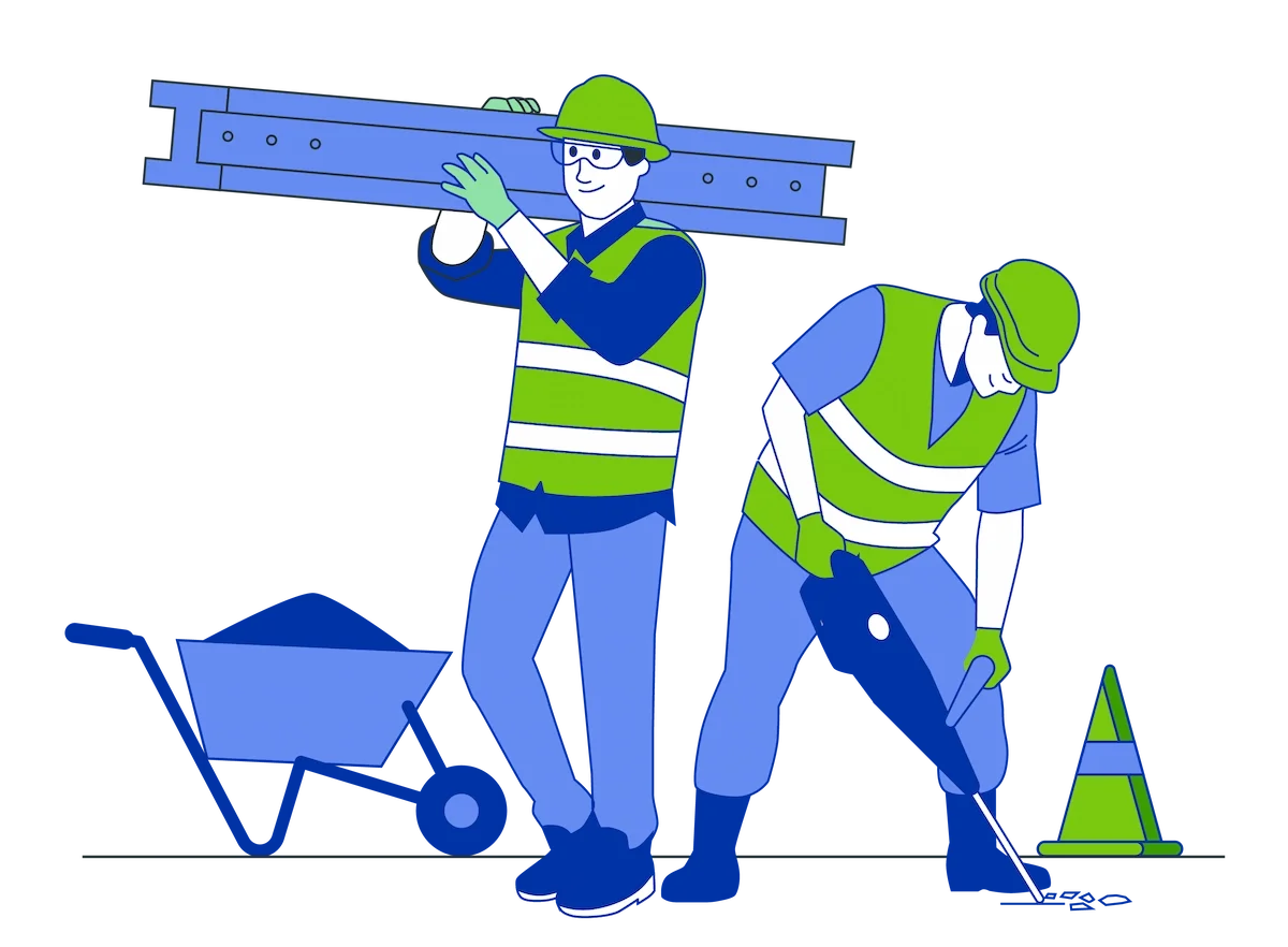Two construction workers wearing green safety helmets and reflective vests working on a road. One is carrying metal beams, the other is using a jackhammer near a traffic cone, with a wheelbarrow nearby.