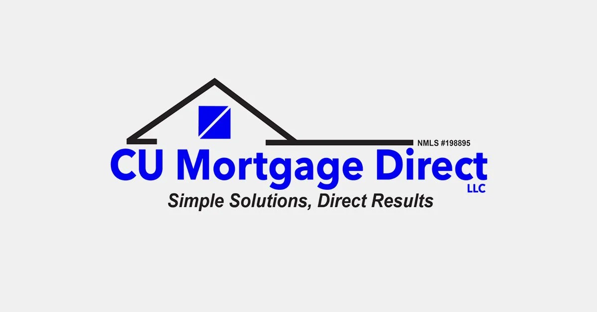 Logo of CU Mortgage Direct LLC featuring a stylized house roof and window, with the text 'CU Mortgage Direct LLC' in blue, and the tagline 'Simple Solutions, Direct Results' underneath.