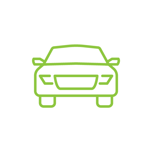 Green line drawing of a front view of a car on a black background.
