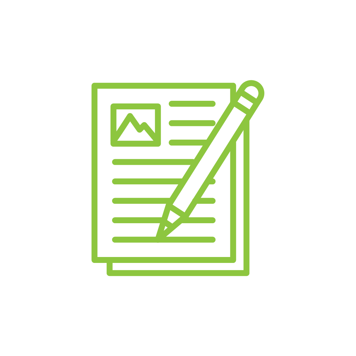 Line icon of an essay. Papers, pencil and photo.
