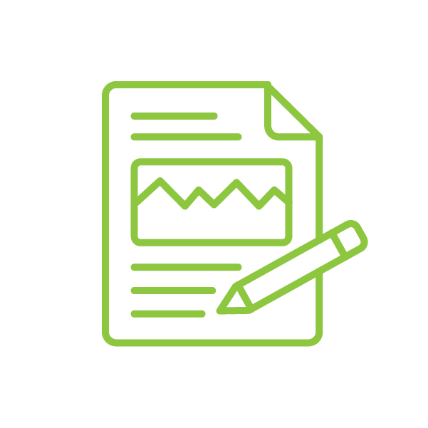 Outline icon of a document with a line graph, lines of text, and a pencil, all in green on a black background.