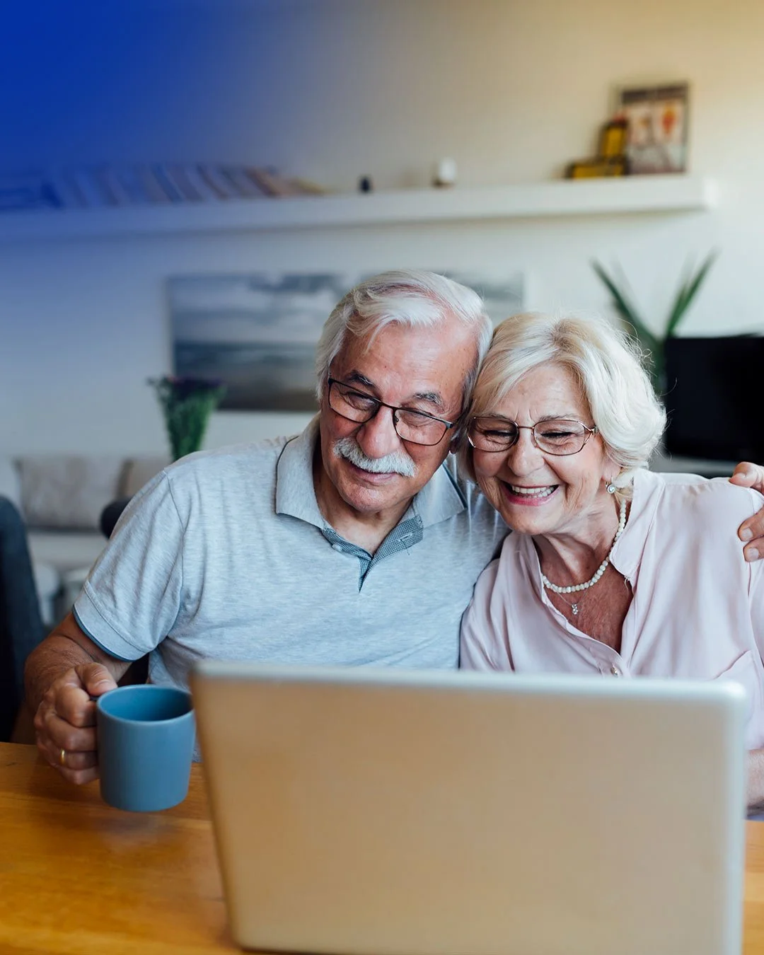 Older couple sitting in their home chatting on a computer