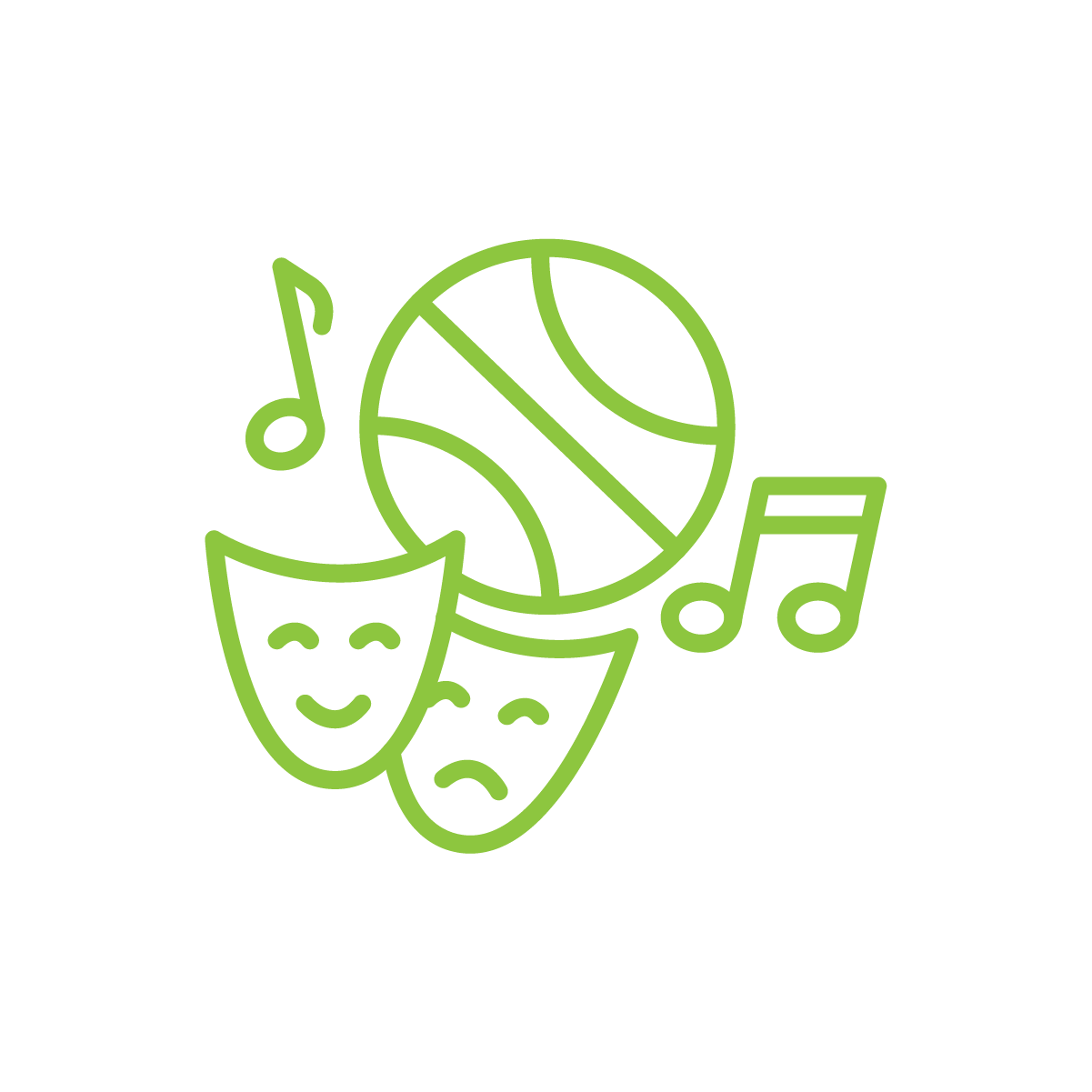 Line icon of extracurricular school activities. Theatre masks, music, and sports ball.