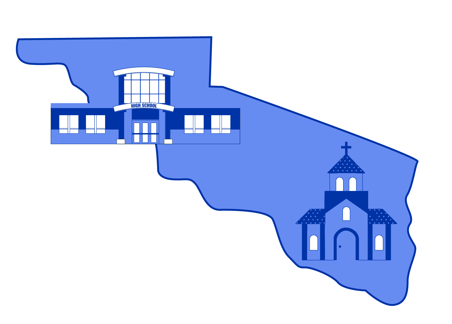 Charles Mix County with school and church illustration.