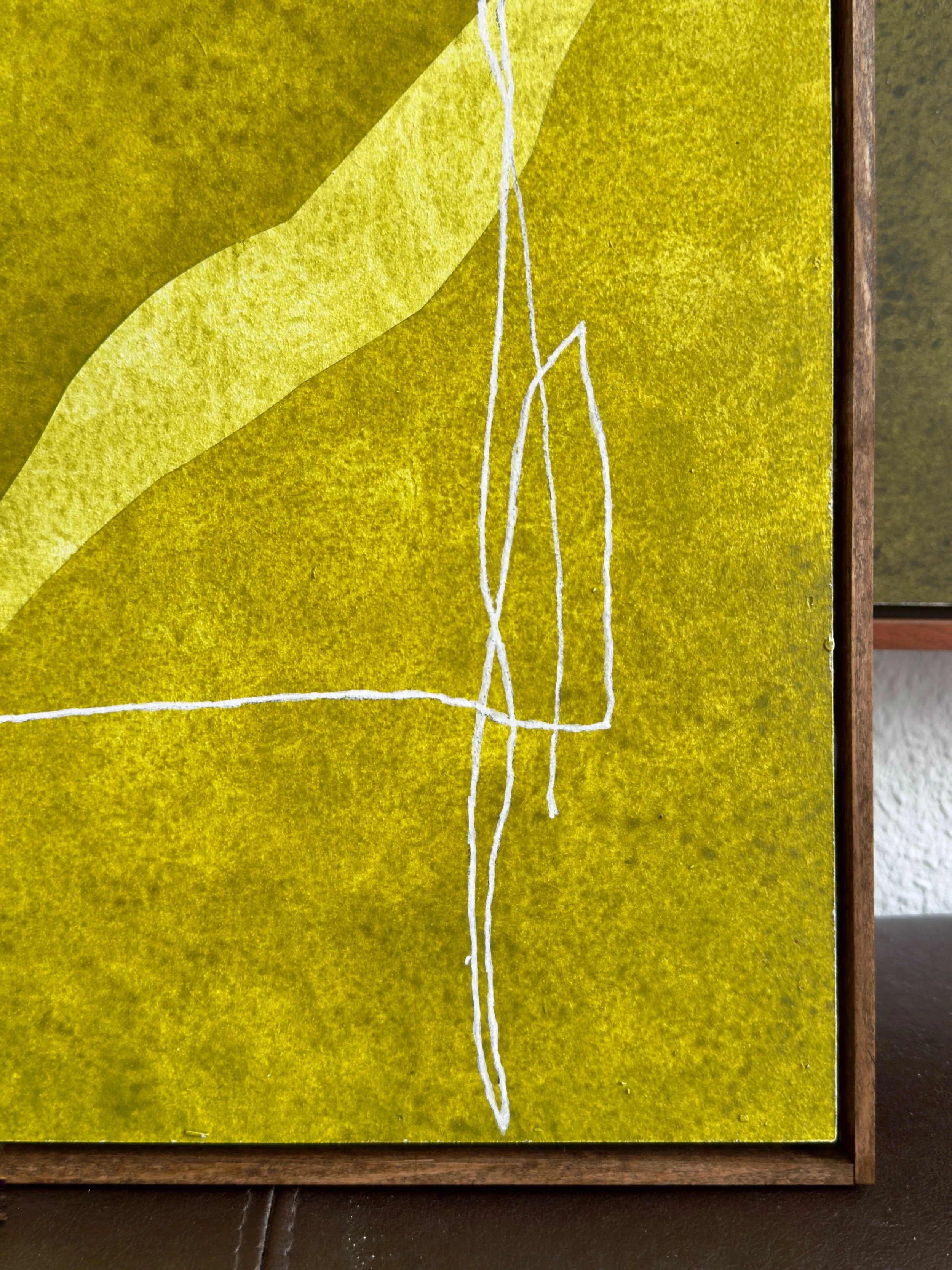 Kunstwerk auf gelbem Hintergrund mit weißen Strichlinien