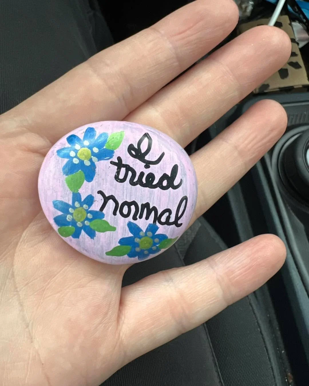 Heather here, I met the sweetest artist today at a property walk through. She lives in a retirement community and she shares her joy with her community via art. Anyone who comes over gets to pick out a rock with a happy thought on it that she painted