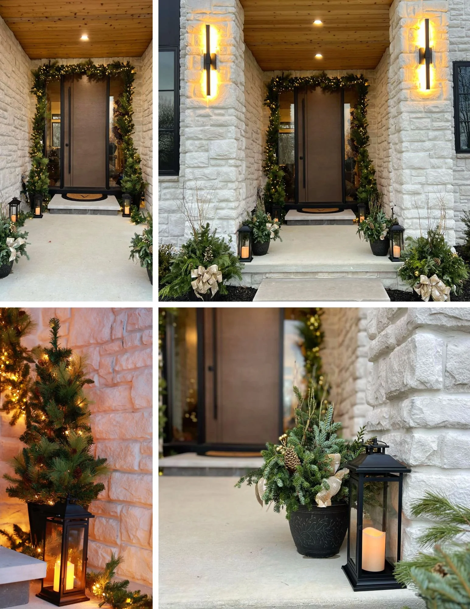 Winter porch design collage by Bloom & Weed featuring a garland, seasonal porch pots, and soft warm lantern lights in Brighton, MI