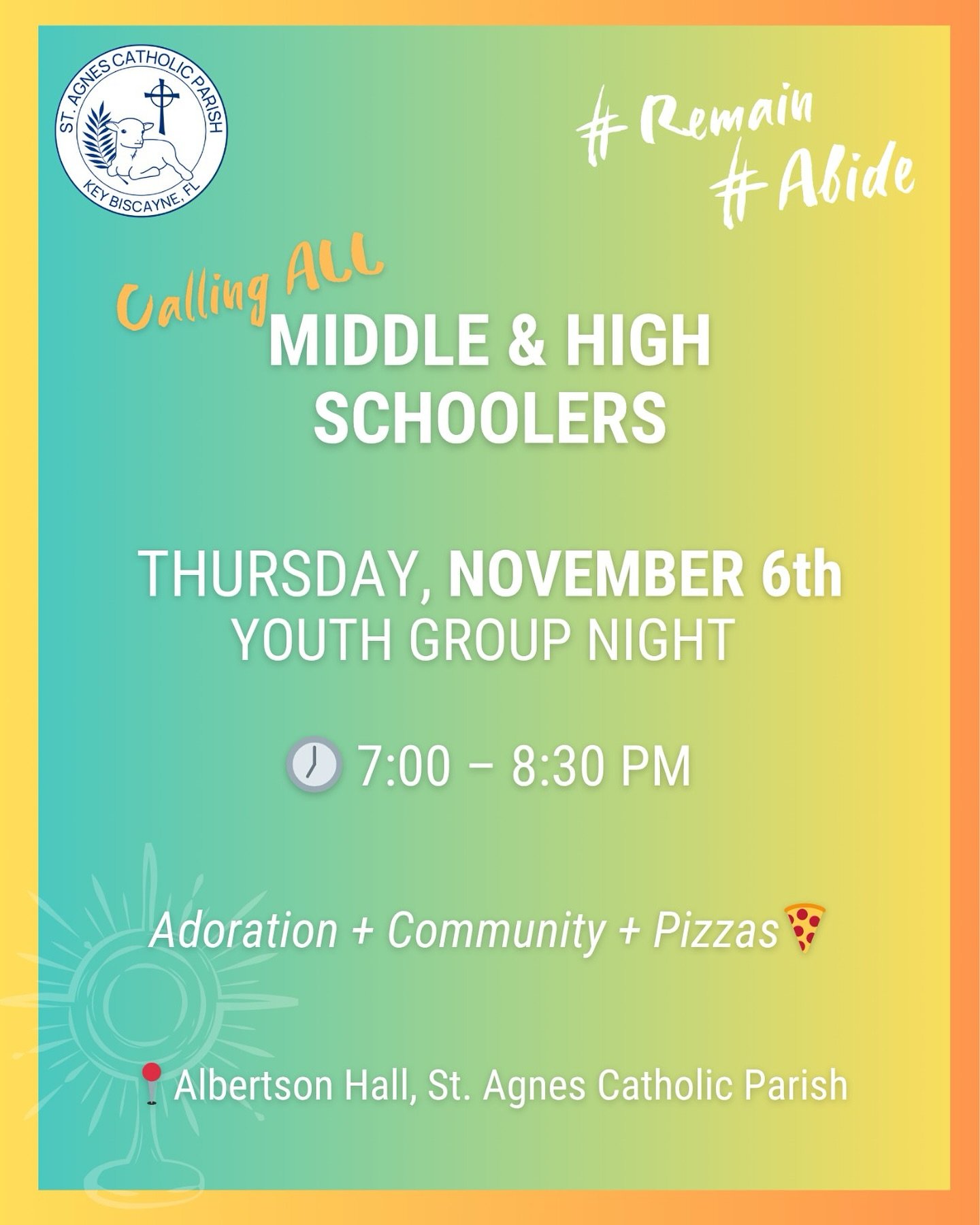 Join us TONIGHT &mdash; Thursday, November 6th

✉️ RSVP for pizza! Send us a quick note:
youthministry@stagneskb.org