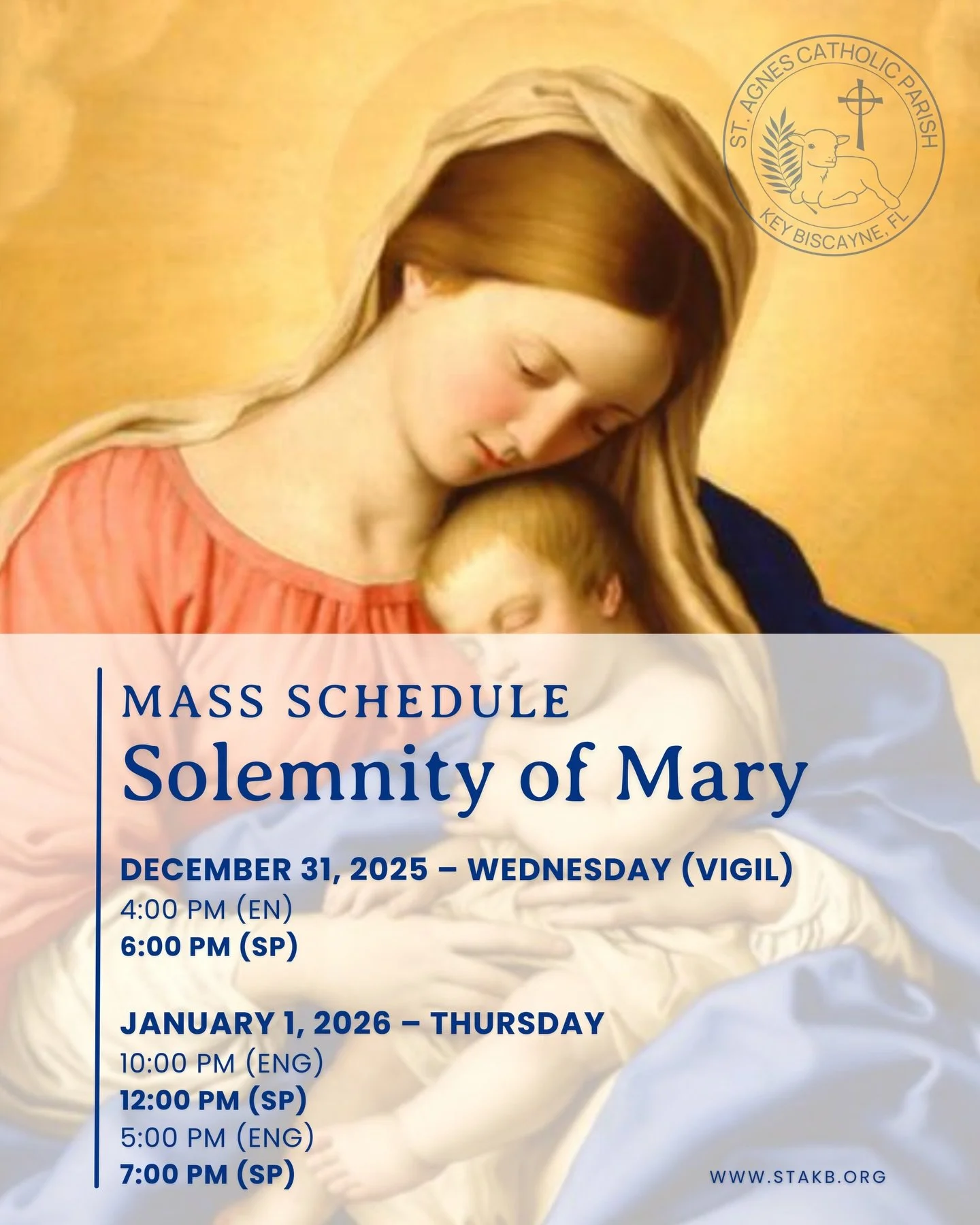 Thursday, January 1st: We celebrate the Solemnity of Mary, the Holy Mother of God, a Holy Day of Obligation.

Vigil Masses will be celebrated on Wednesday, December 31, and Masses will be celebrated on Thursday, January 1st.

📌 Parish Office Closed
