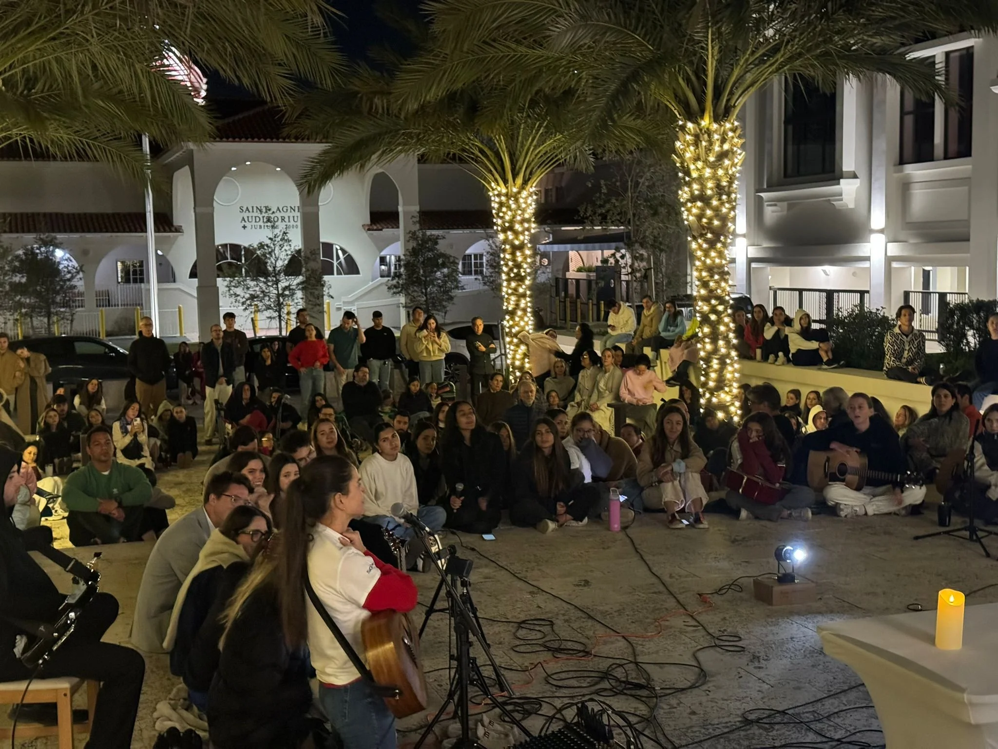 A large group of people gathered outdoors at night, sitting on the ground and some standing, watching a musical performance under lit palm trees. Guitarists and a microphone are visible in the foreground.