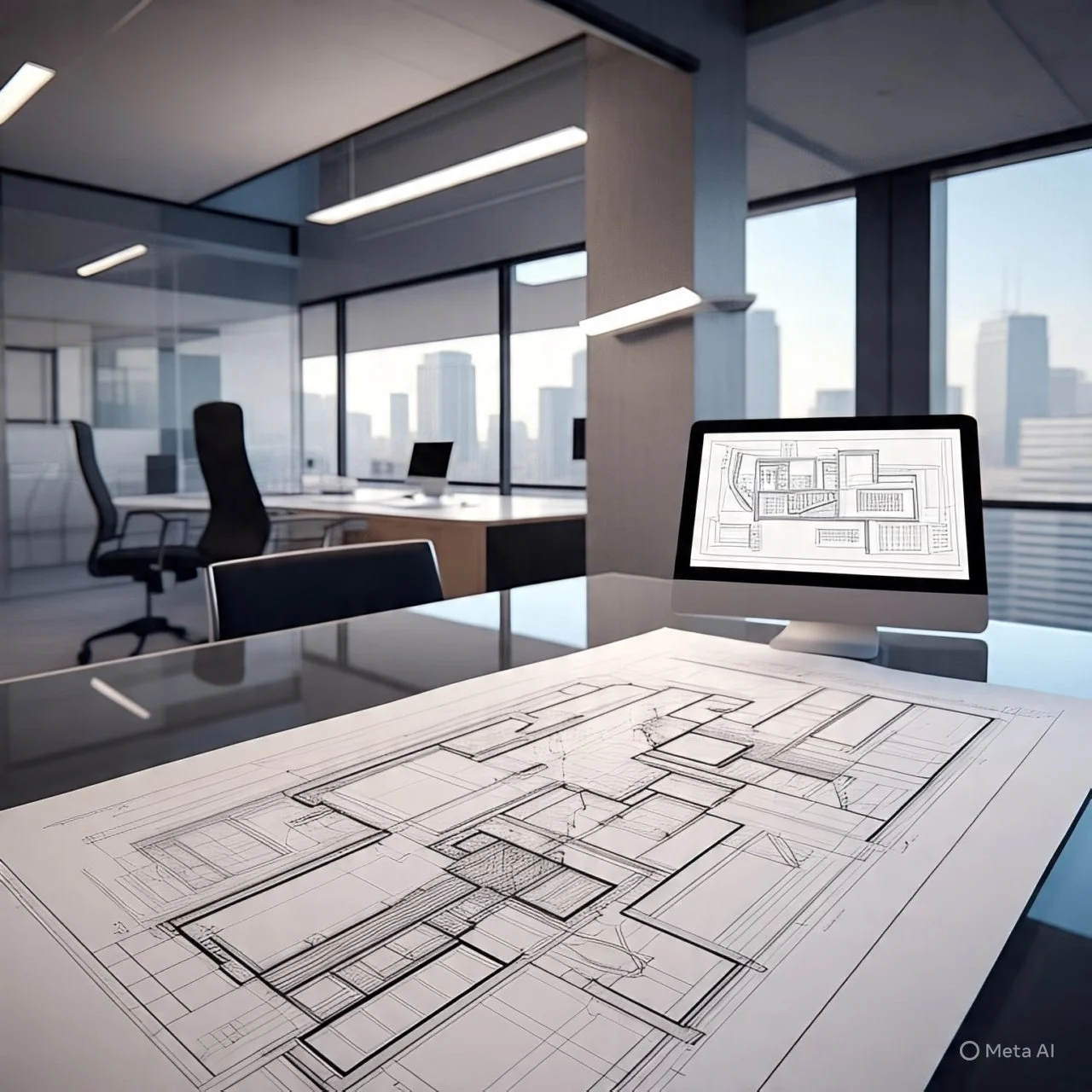 Escritorio con planos arquitectónicos y una computadora en una oficina moderna con vista a la ciudad.